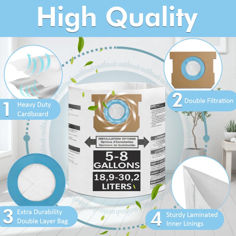 Yonice 15 Pack 5-8 Gallon Vacuum Bags, Compatible with Shop Vac 5-8 Gallon Wet/Dry Vacuum; Type E 90661, 9066133; Type H 90671, 9067133; VF2004, VHBS, VDBS; Disposable Collection Filter Bag - Image 3